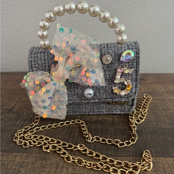 Other - Kids Gray Tweed Mini Bag with Pearl Handle and Gold Chain